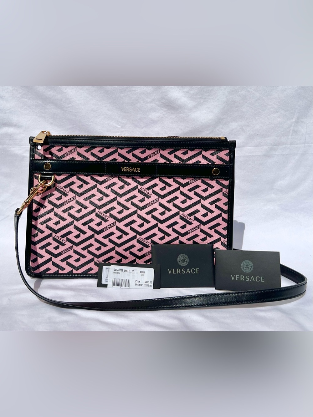 Versace LA GRECA Signature Crossbody Bag Purse Toiletry Medium Pouch Black Pink